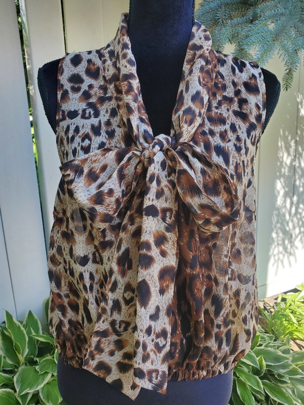 Last Kiss Sheer Animal Print Sleeveless Blouse with Tie Neckline - Size L